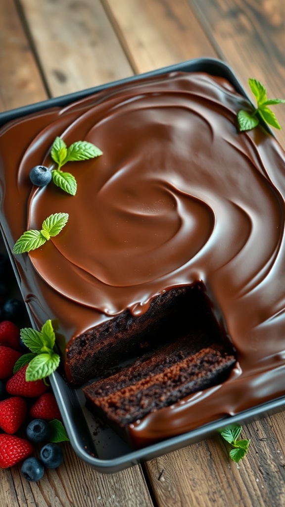 A vegan chocolate cake in a 9x13 pan, frosted with chocolate icing and garnished with berries, on a wooden table.